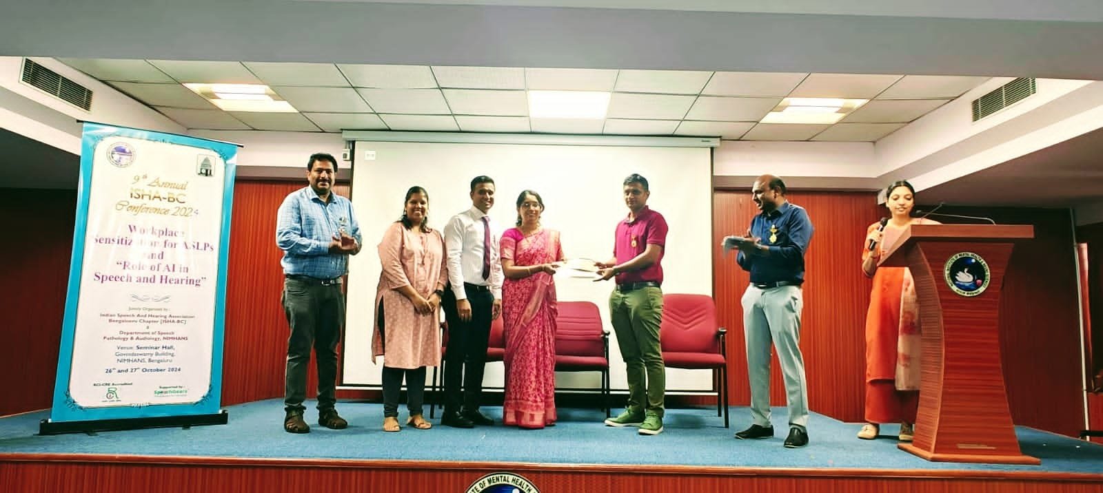 Read more about the article Best poster award in Audiology at ISHA- BC annual conference at NIMHANS, Bangalore on 26th and 27th October 2024 to our student Ms.Supritha, Ms. Tashamegregor and faculty members Ms. SreeVidya R, Dr. Suman, Ms.Susmitha C.G