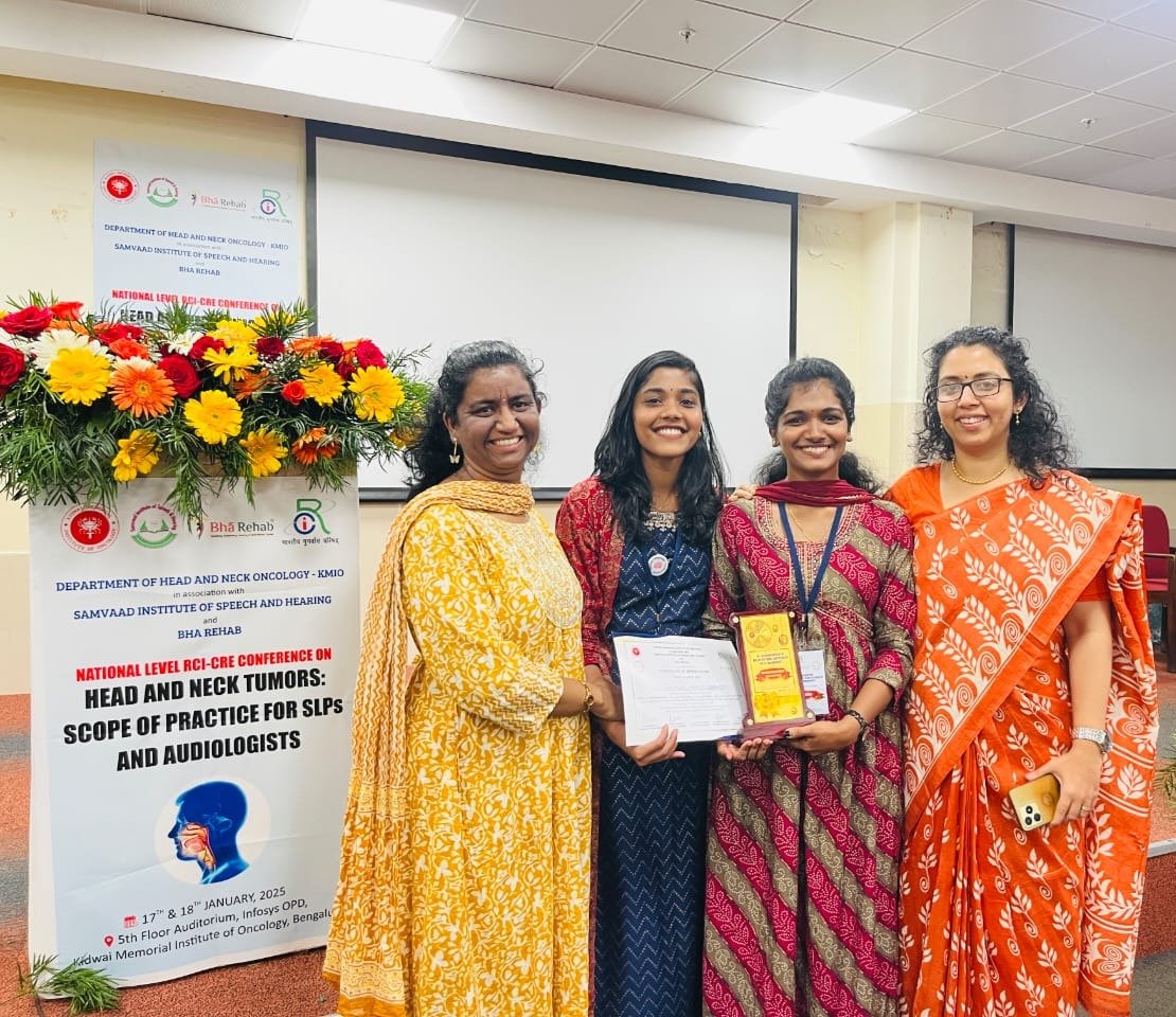 Read more about the article Best Oral presentation award in Speech section at Kidwai Memorial Institute of Oncology in association with Samvaad Institute of Speech and Hearing and Bha Rehab conducted Two days Rci CRE National conference at Bangalore on 17th and 18th January 2025 to our student Ms.Divya Anna Davis, Ms. Deva Priya M S and faculty members Ms. Sandhya K, Dr. Mereen Rose Babu.