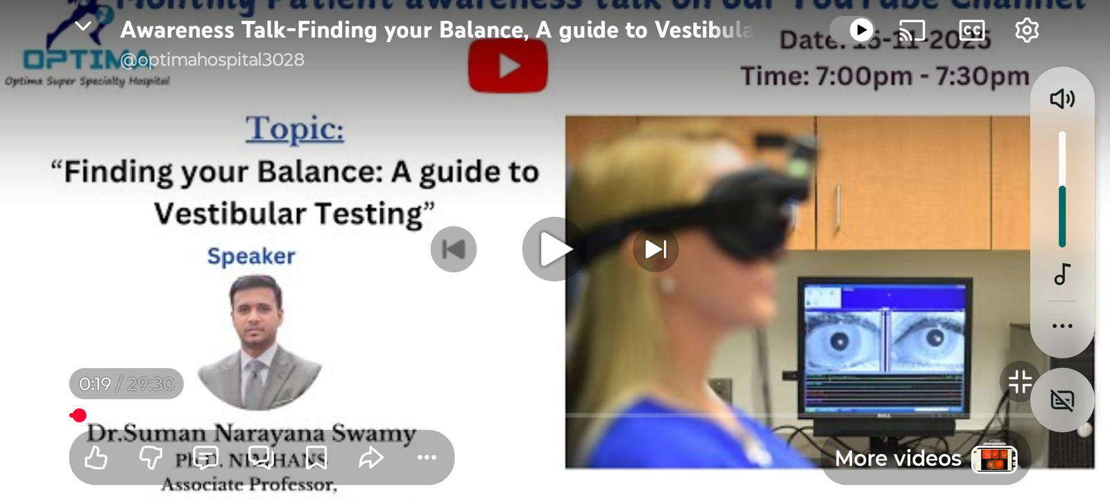 You are currently viewing Dr.Suman gave awareness talk in you tube the topic was”Finding your Balance: A guide to Vestibular Testing” on 15th November 2025